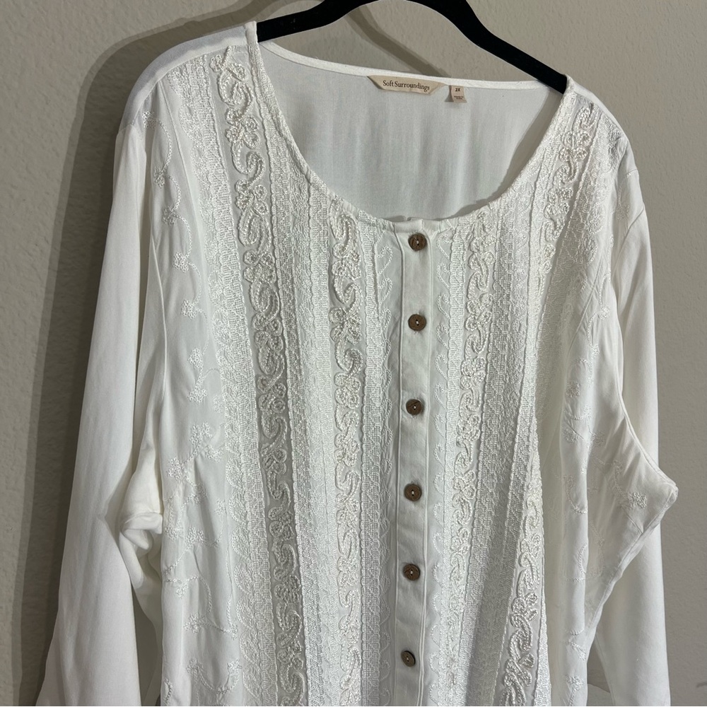 Soft Surroundings white embroidered button tunic top 2x tie back boho romantic - Picture 4 of 15